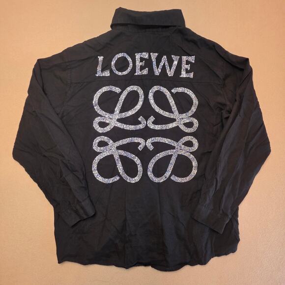 Loewe Tops - Loewe H6199590PC Black Cotton Anagram Rhinestone Button Shirt Sz Medium FLAWED